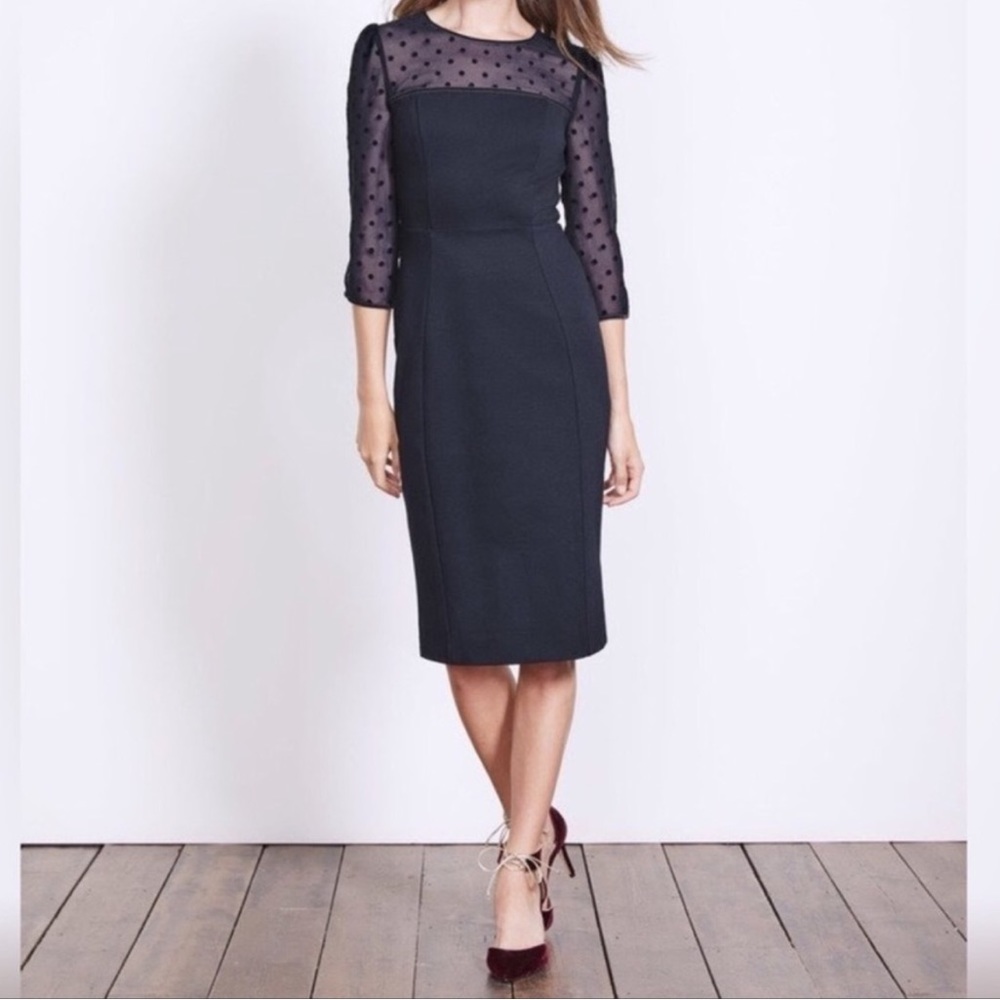 Boden Isabella ponte dress with sheer polka dot top